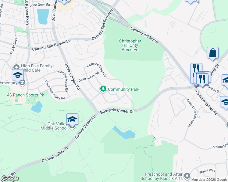 map of restaurants, bars, coffee shops, grocery stores, and more near 15350 Falcon Crest Court in San Diego