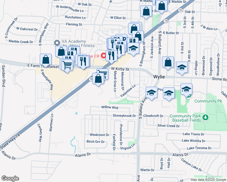 map of restaurants, bars, coffee shops, grocery stores, and more near 1006 Mardi Gras Lane in Wylie