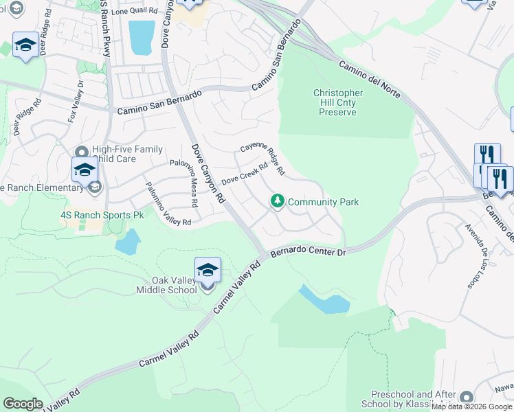map of restaurants, bars, coffee shops, grocery stores, and more near 16124 Cayenne Creek Road in San Diego