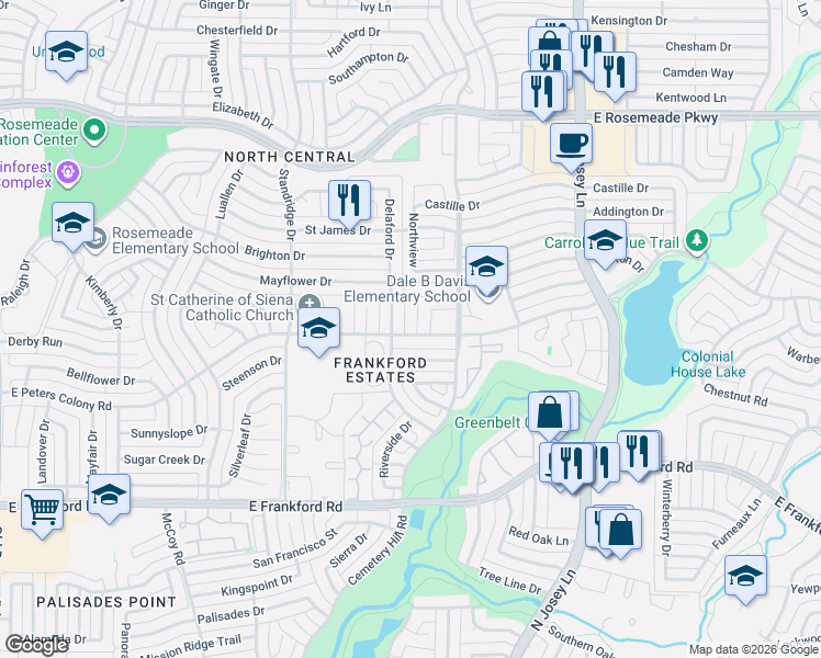 map of restaurants, bars, coffee shops, grocery stores, and more near 3200 Delaford Drive in Carrollton