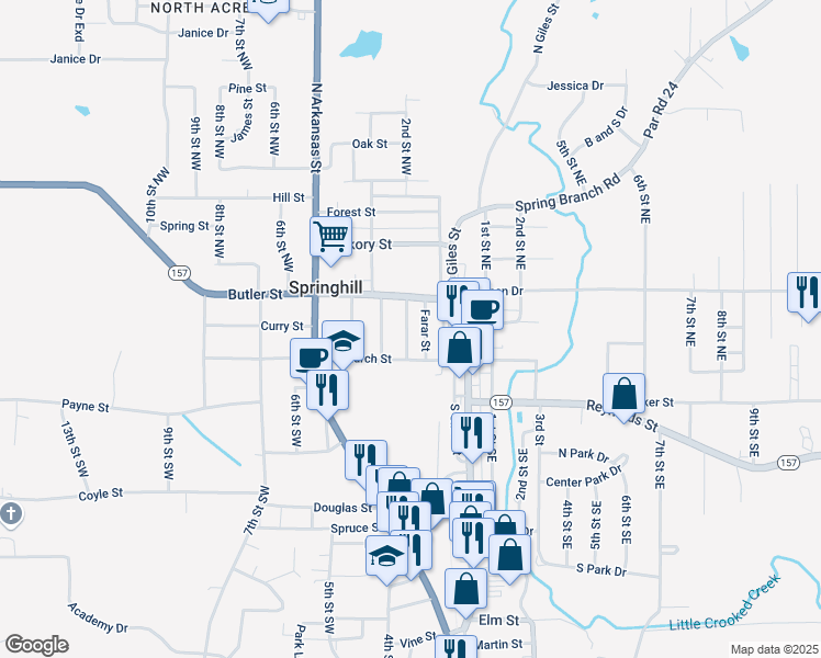 map of restaurants, bars, coffee shops, grocery stores, and more near 107 2nd Street Northwest in Springhill