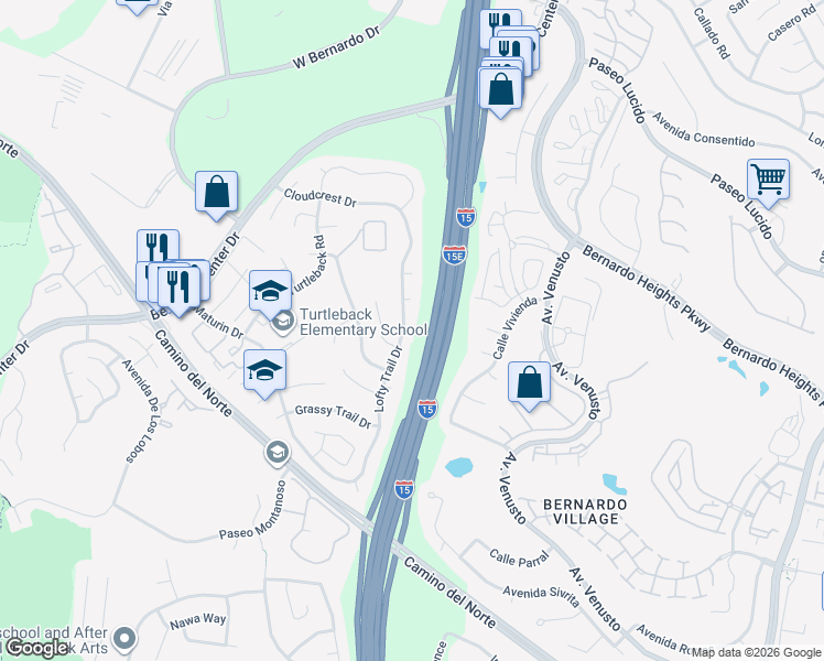 map of restaurants, bars, coffee shops, grocery stores, and more near 16026 Lofty Trail Drive in San Diego