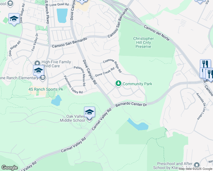 map of restaurants, bars, coffee shops, grocery stores, and more near 16124 Cayenne Creek Road in San Diego