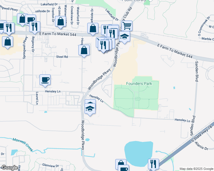 map of restaurants, bars, coffee shops, grocery stores, and more near 600 Woodbridge Parkway in Wylie