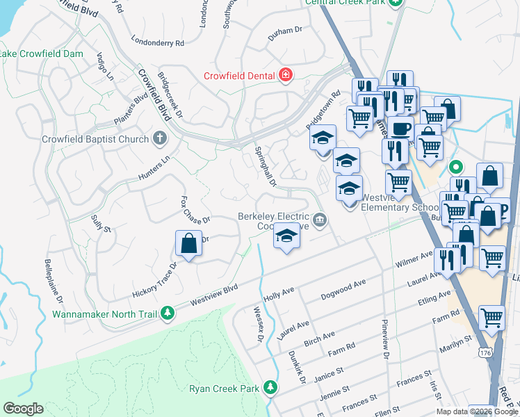 map of restaurants, bars, coffee shops, grocery stores, and more near 137 Alston Cir in Goose Creek