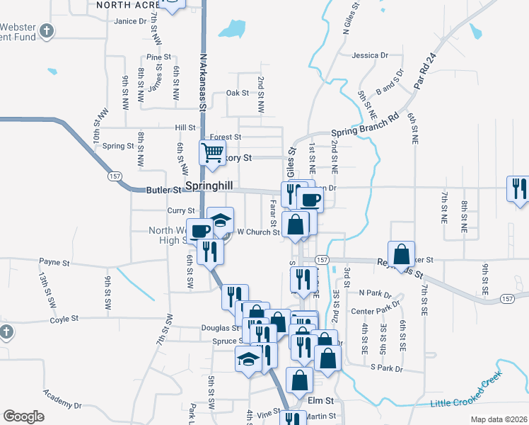 map of restaurants, bars, coffee shops, grocery stores, and more near 107 2nd Street Northwest in Springhill