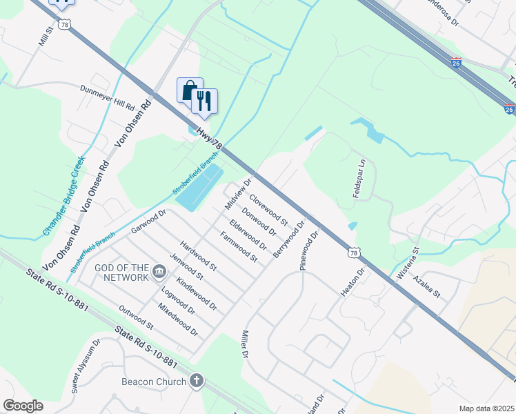 map of restaurants, bars, coffee shops, grocery stores, and more near 4437 Clovewood Street in Ladson