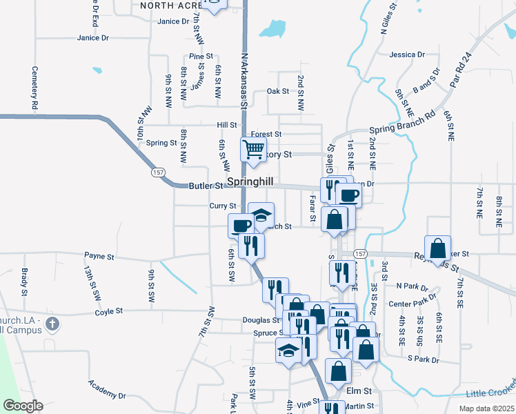 map of restaurants, bars, coffee shops, grocery stores, and more near 200 4th Street Northwest in Springhill