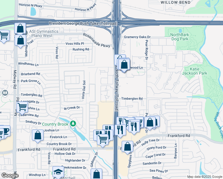 map of restaurants, bars, coffee shops, grocery stores, and more near 18725 Dallas Parkway in Dallas