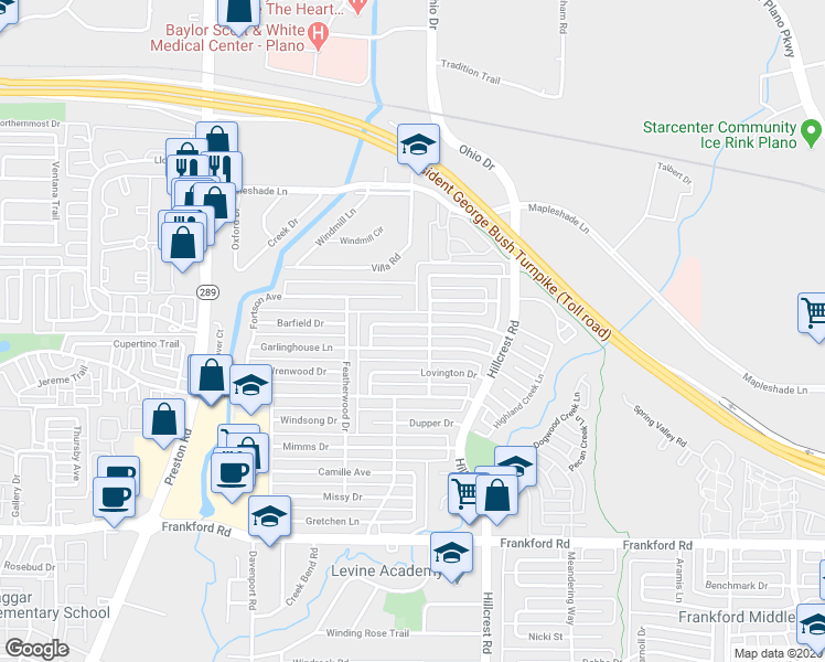 map of restaurants, bars, coffee shops, grocery stores, and more near 6646 Flanary Lane in Dallas