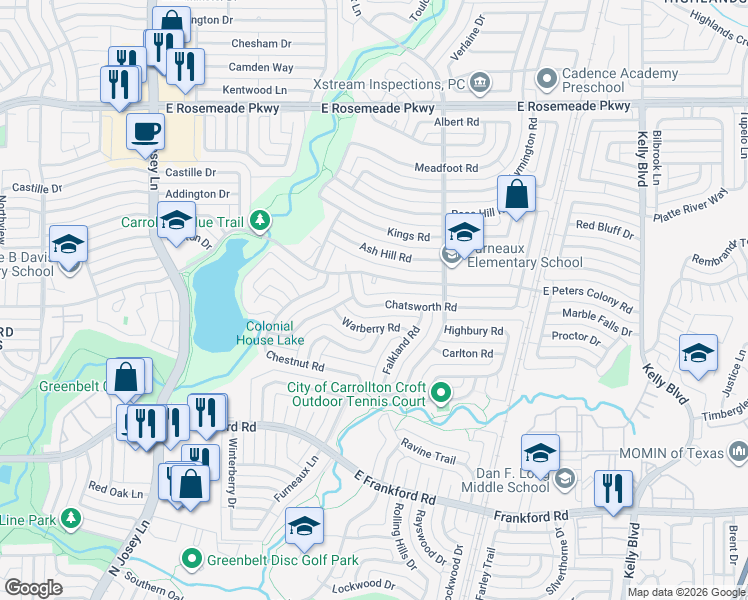 map of restaurants, bars, coffee shops, grocery stores, and more near 2015 Chatsworth Road in Carrollton