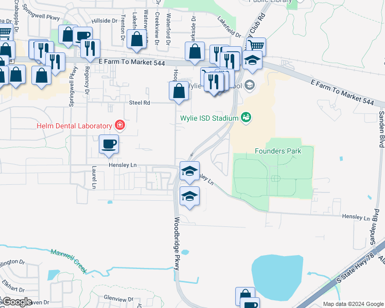 map of restaurants, bars, coffee shops, grocery stores, and more near 611 Woodbridge Parkway in Wylie