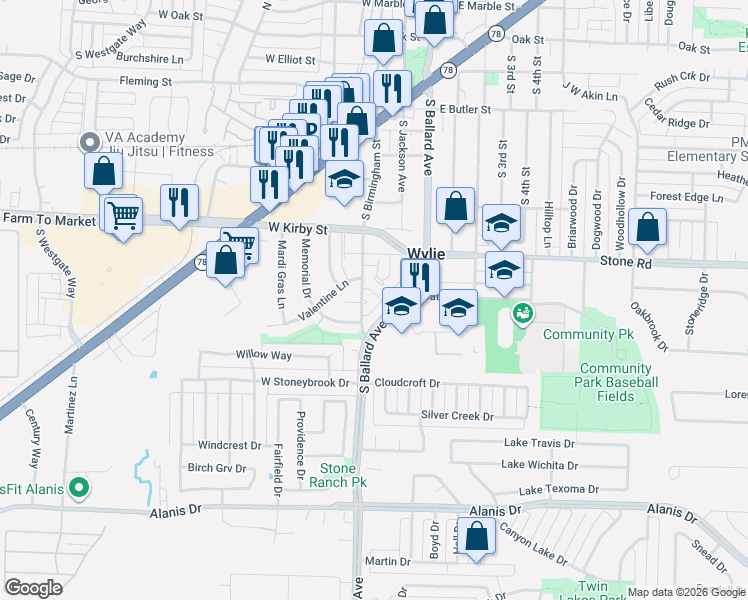 map of restaurants, bars, coffee shops, grocery stores, and more near 307 Meadow Court in Wylie