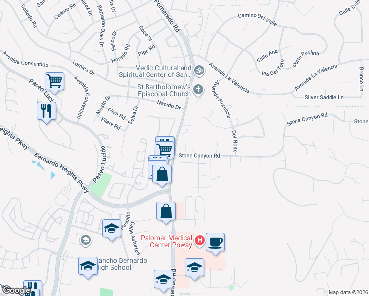 map of restaurants, bars, coffee shops, grocery stores, and more near 12640 Stone Canyon Road in Poway