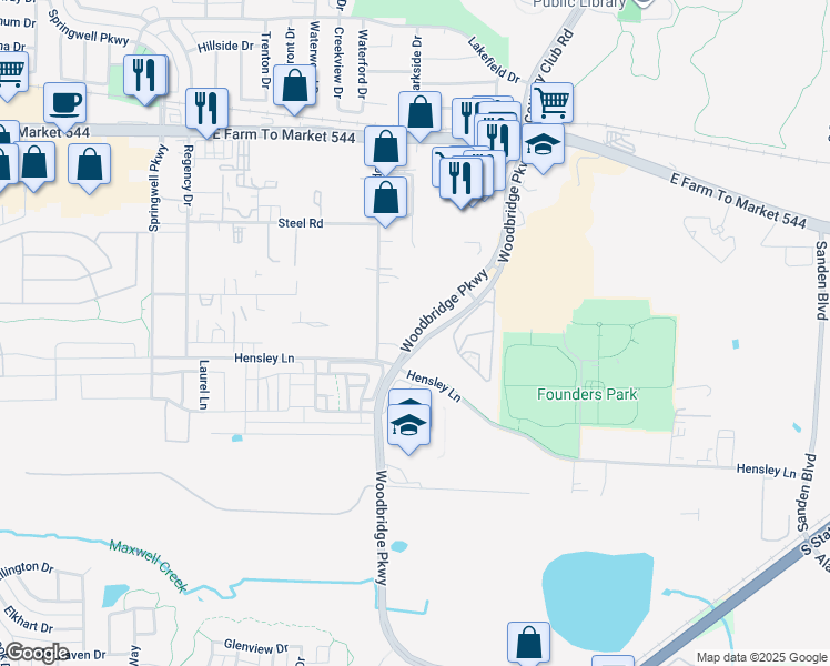 map of restaurants, bars, coffee shops, grocery stores, and more near 514 Woodbridge Parkway in Wylie