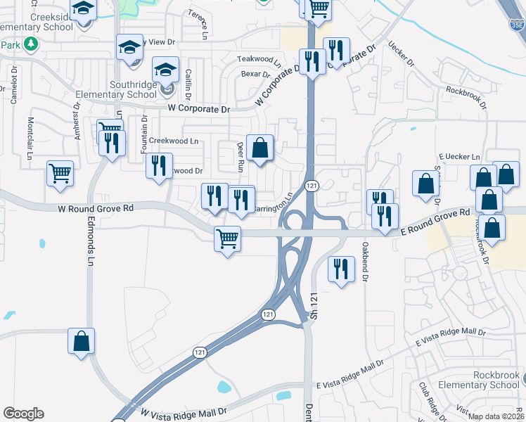 map of restaurants, bars, coffee shops, grocery stores, and more near 226 Carrington Lane in Lewisville