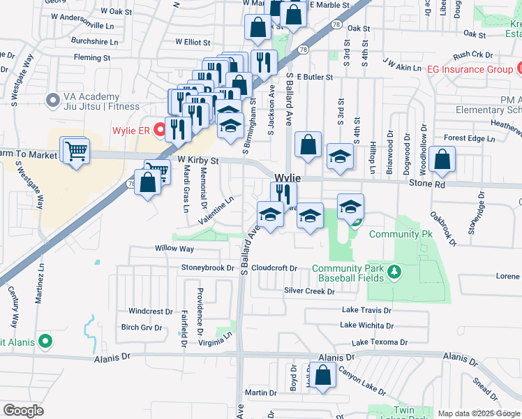 map of restaurants, bars, coffee shops, grocery stores, and more near 916 South Ballard Avenue in Wylie
