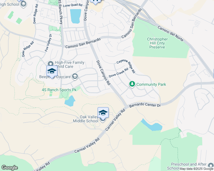 map of restaurants, bars, coffee shops, grocery stores, and more near 16115 Palomino Valley Court in San Diego