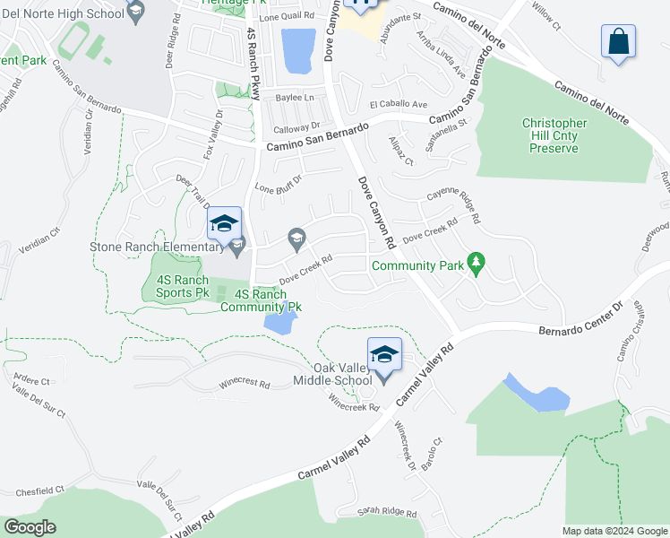 map of restaurants, bars, coffee shops, grocery stores, and more near 15120 Palomino Valley Place in San Diego