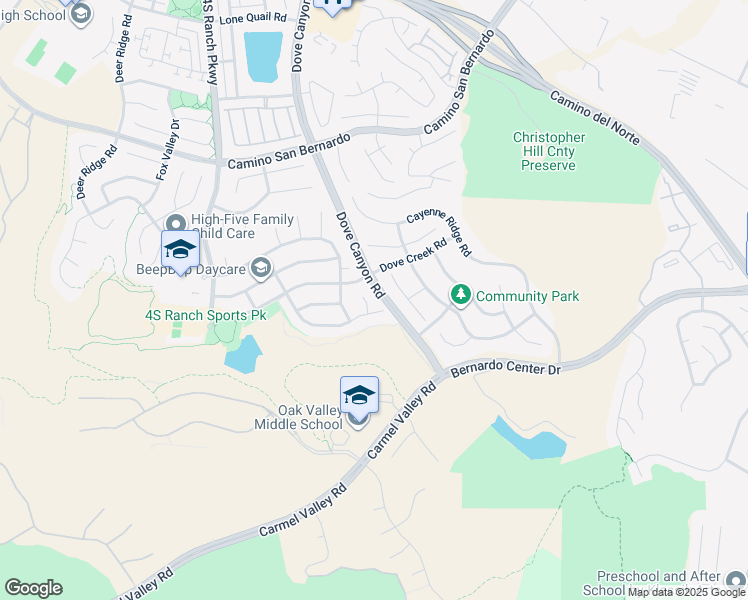 map of restaurants, bars, coffee shops, grocery stores, and more near 16115 Palomino Valley Court in San Diego