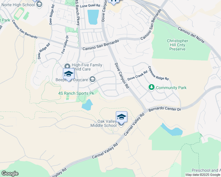 map of restaurants, bars, coffee shops, grocery stores, and more near 15156 Palomino Valley Pl in San Diego