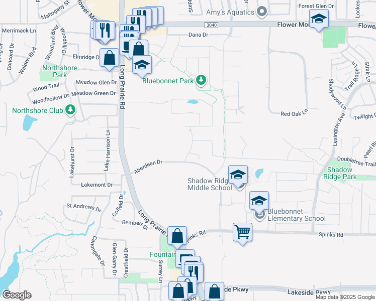 map of restaurants, bars, coffee shops, grocery stores, and more near 1401 Hilliard Drive in Flower Mound