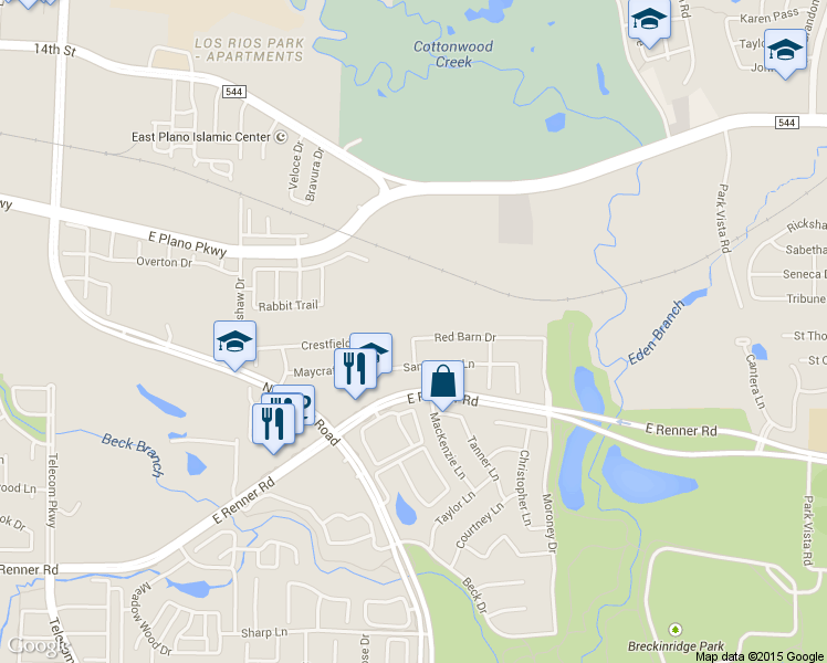 map of restaurants, bars, coffee shops, grocery stores, and more near 4421 Red Barn in Richardson