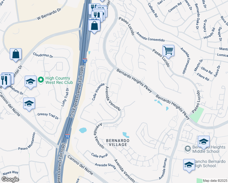 map of restaurants, bars, coffee shops, grocery stores, and more near 16061 Avenida Venusto in San Diego