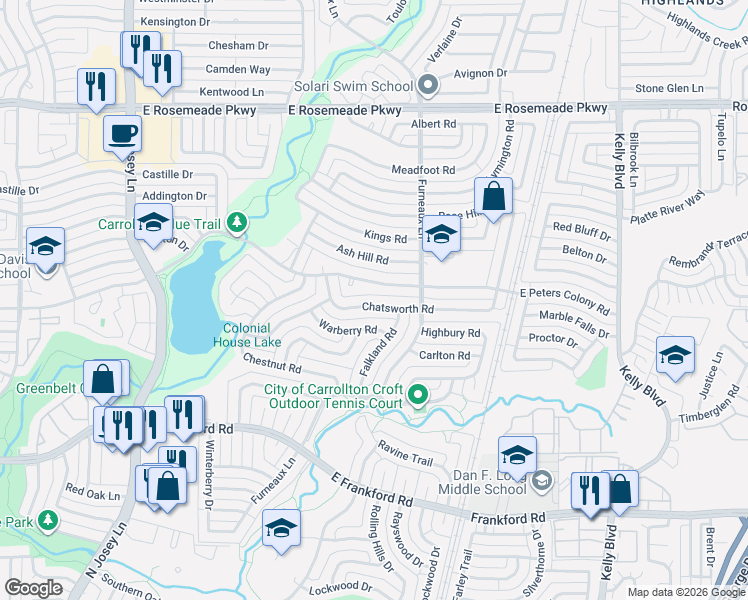 map of restaurants, bars, coffee shops, grocery stores, and more near 2029 Chatsworth Road in Carrollton