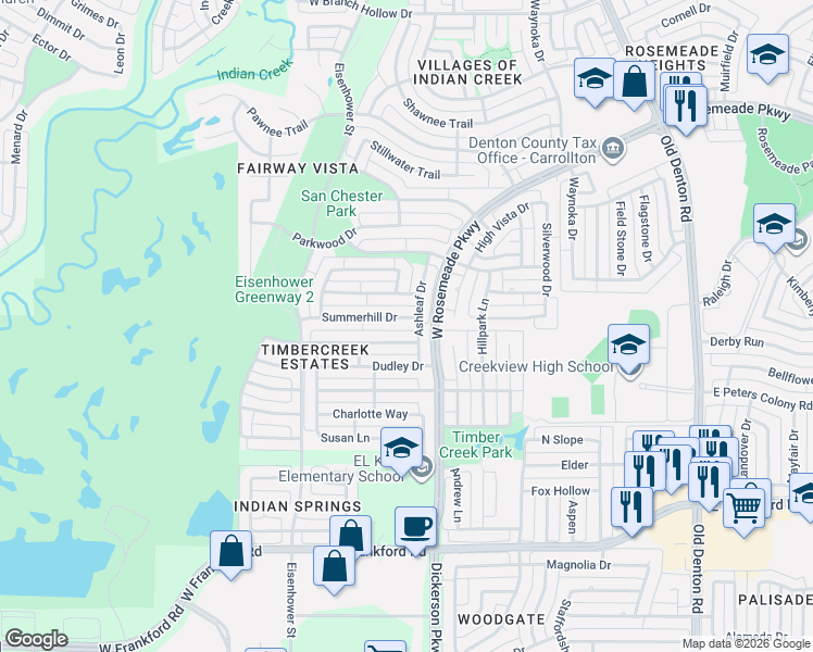 map of restaurants, bars, coffee shops, grocery stores, and more near 1400 Mapleview Drive in Carrollton