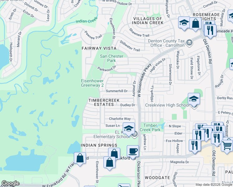 map of restaurants, bars, coffee shops, grocery stores, and more near 1414 Mapleview Drive in Carrollton
