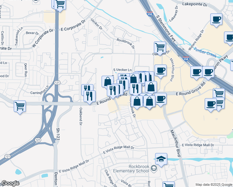 map of restaurants, bars, coffee shops, grocery stores, and more near 291 Farm to Market Road 3040 in Lewisville