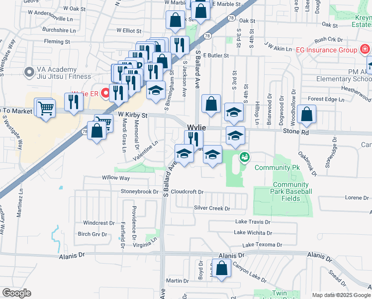 map of restaurants, bars, coffee shops, grocery stores, and more near 1001 South Ballard Avenue in Wylie