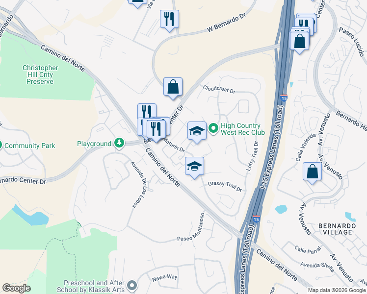 map of restaurants, bars, coffee shops, grocery stores, and more near 15805 Windrose Court in San Diego
