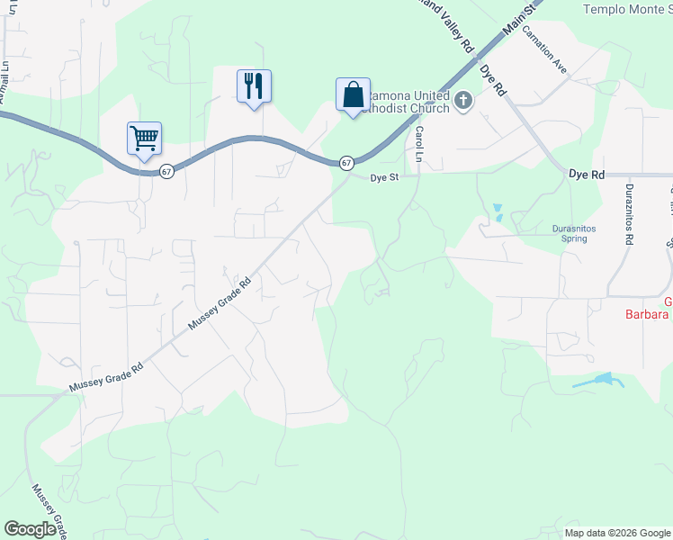map of restaurants, bars, coffee shops, grocery stores, and more near 15805 Oak Valley Road in Ramona