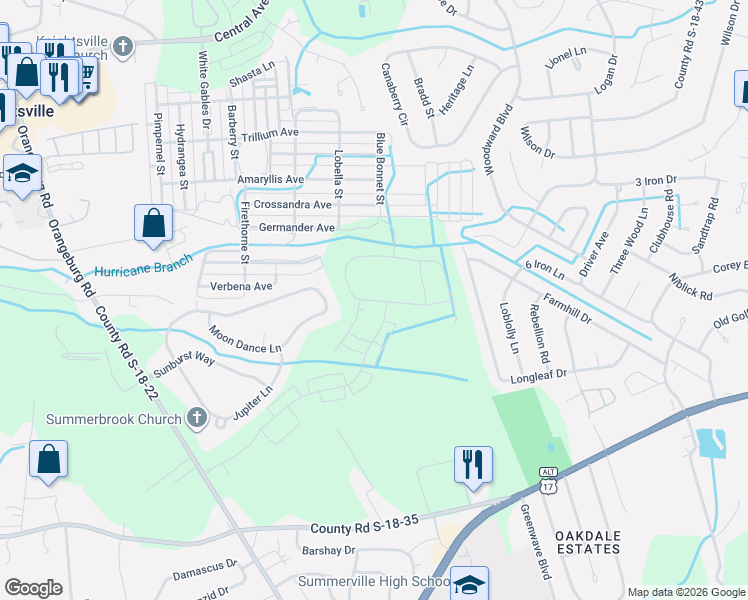 map of restaurants, bars, coffee shops, grocery stores, and more near 191 Moon Dance Ln in Summerville