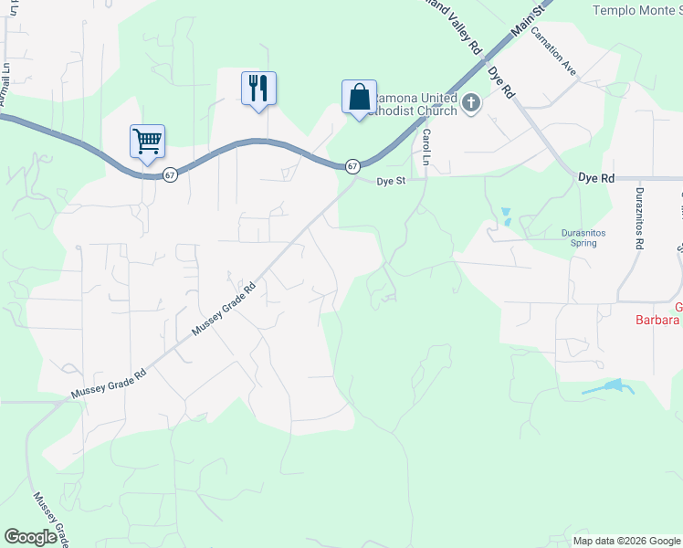 map of restaurants, bars, coffee shops, grocery stores, and more near 15774 Oak Valley Road in Ramona