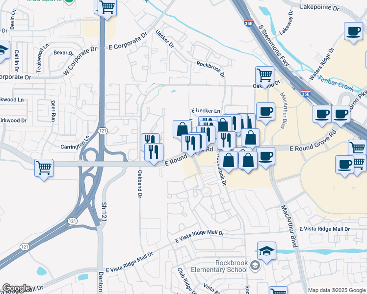map of restaurants, bars, coffee shops, grocery stores, and more near 291 Farm to Market Road 3040 in Lewisville