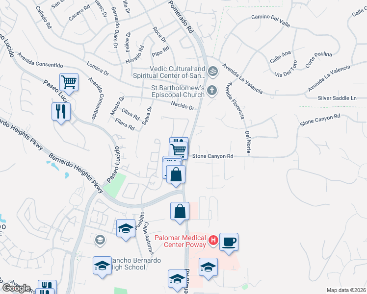 map of restaurants, bars, coffee shops, grocery stores, and more near 16007 Avenida Aveiro in San Diego
