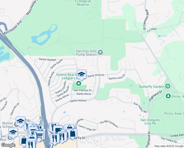 map of restaurants, bars, coffee shops, grocery stores, and more near 1127 Santa Rufina Court in Solana Beach