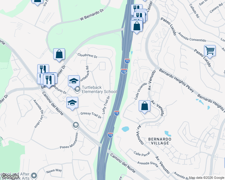 map of restaurants, bars, coffee shops, grocery stores, and more near 16026 Lofty Trail Drive in San Diego