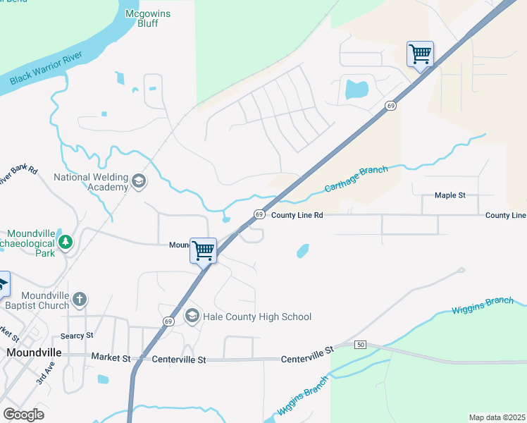 map of restaurants, bars, coffee shops, grocery stores, and more near 2-98 Park Terrace in Moundville