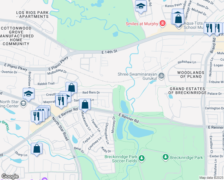 map of restaurants, bars, coffee shops, grocery stores, and more near 3733 Moroney Drive in Richardson