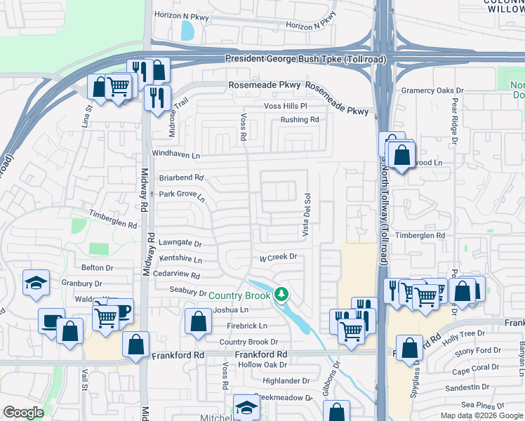 map of restaurants, bars, coffee shops, grocery stores, and more near 18712 Voss Road in Dallas