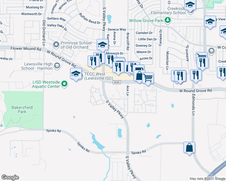 map of restaurants, bars, coffee shops, grocery stores, and more near 2436 S Valley Pkwy in Lewisville
