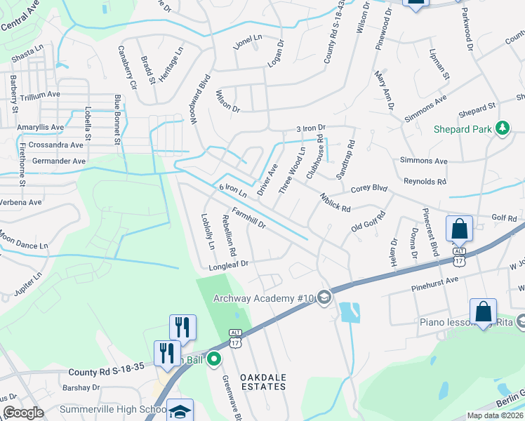 map of restaurants, bars, coffee shops, grocery stores, and more near 112 Driver Avenue in Summerville