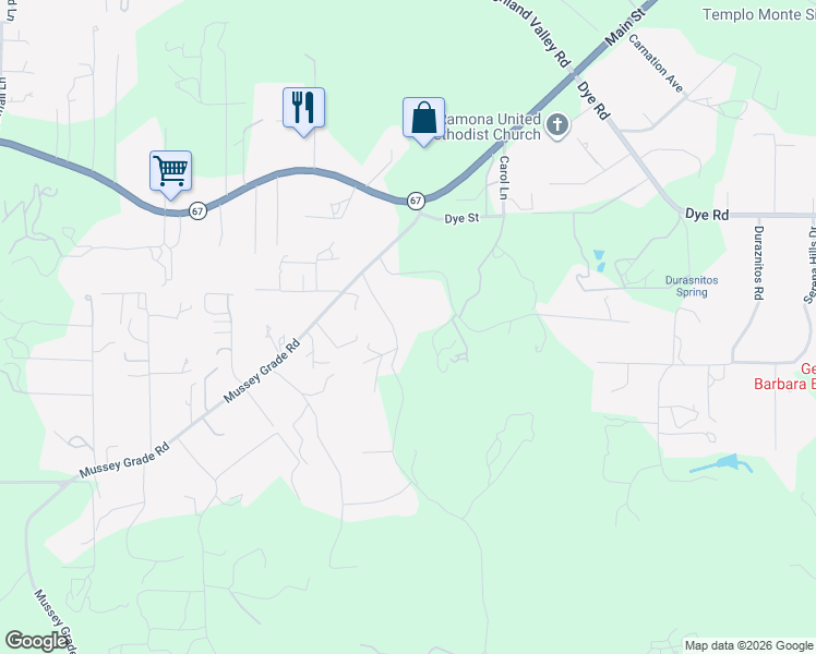 map of restaurants, bars, coffee shops, grocery stores, and more near 15805 Oak Valley Road in Ramona