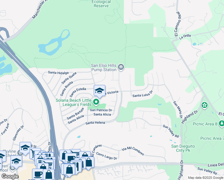 map of restaurants, bars, coffee shops, grocery stores, and more near 1127 Santa Rufina Court in Solana Beach