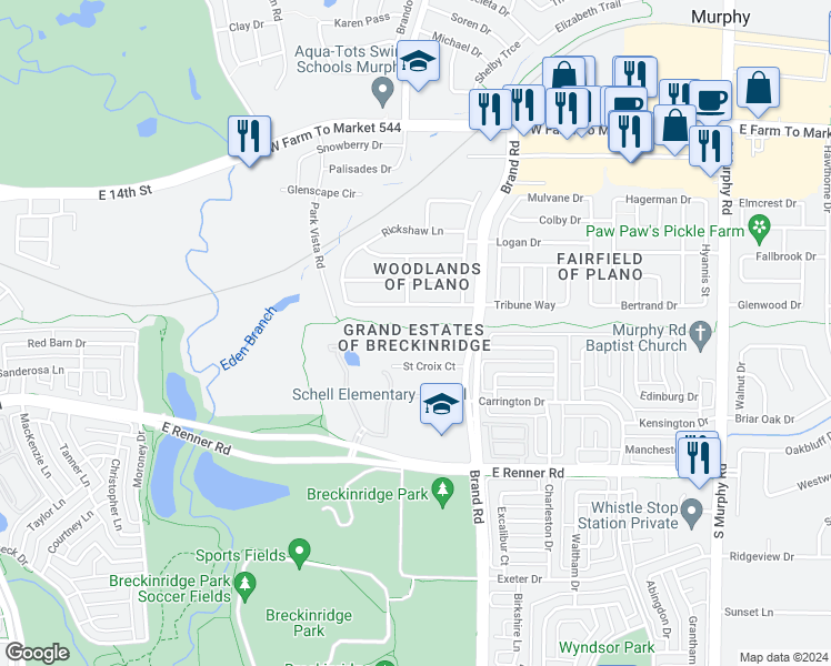 map of restaurants, bars, coffee shops, grocery stores, and more near 5637 Saint Thomas Drive in Plano