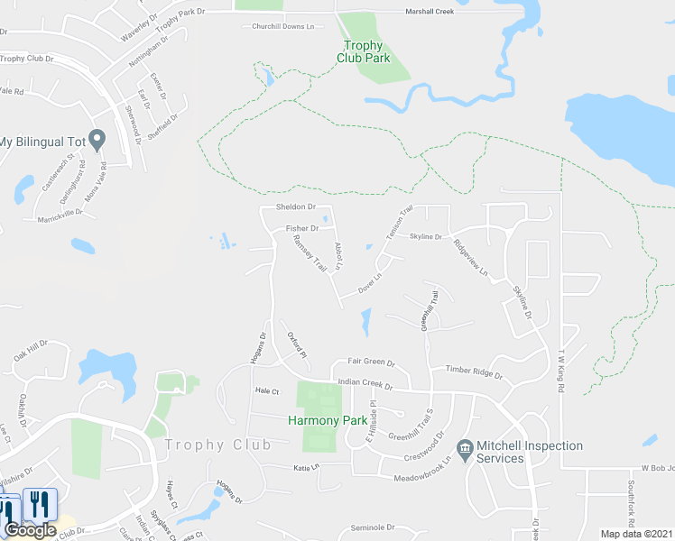 map of restaurants, bars, coffee shops, grocery stores, and more near 412 Abbot Lane in Trophy Club